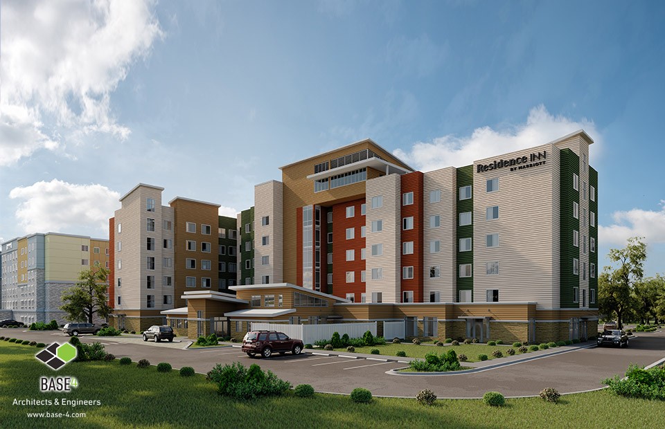 Residence Inn by Marriott showcasing modern multi-colored facades in a vibrant urban setting, designed by BASE4 Architects Engineers Designers, illustrating innovative architectural solutions in hotel design.