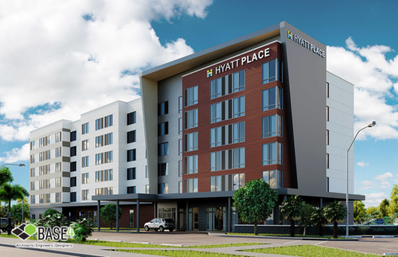 Modern Hyatt Place hotel with wood paneling and a grand entrance, designed by BASE4