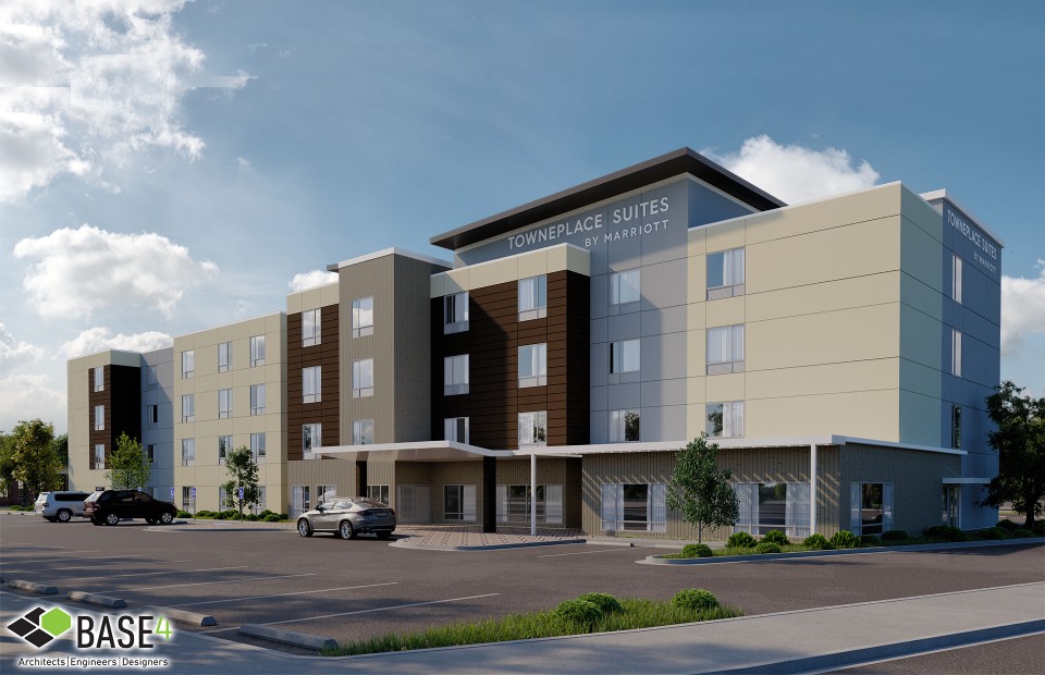 Architectural rendering of TownePlace Suites by Marriott, featuring modern design elements with multi-textured facades, designed by BASE4, highlighting their expertise in innovative hotel architecture.