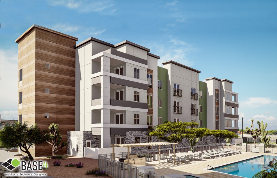 View of a modern residential complex by BASE4, illustrating the design of multifamily housing development.