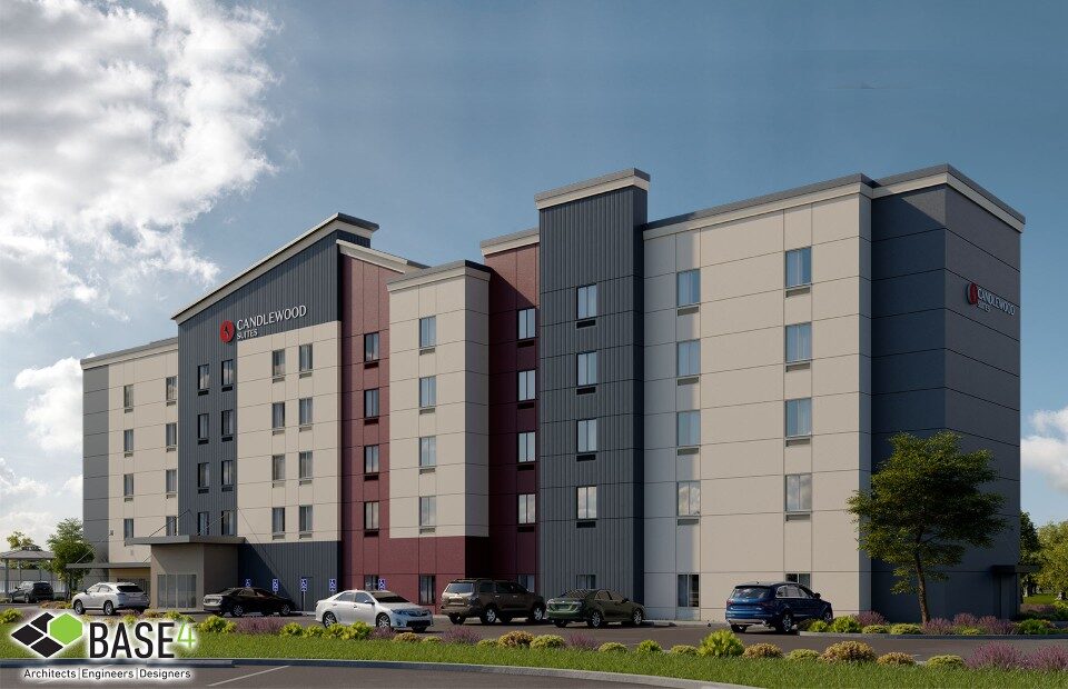 Architectural rendering of Candlewood Suites, featuring a modern facade, designed by BASE4.