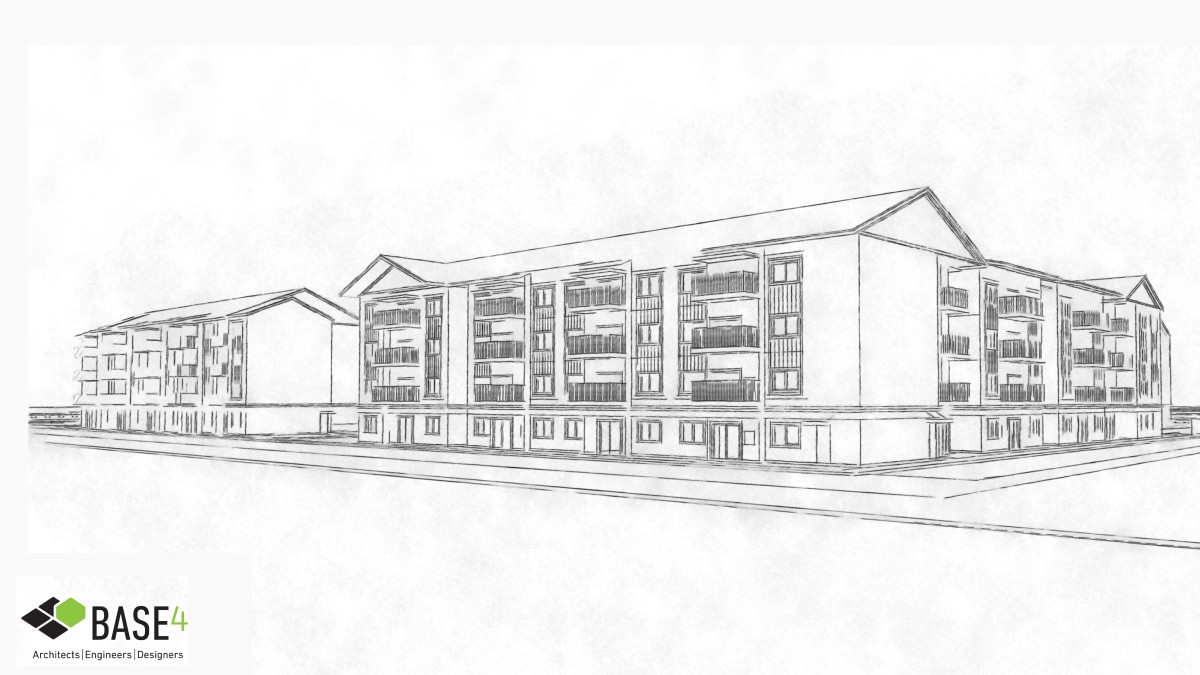 Sketch by BASE4 showing a detailed architectural design of a modern multi-story residential building with balconies