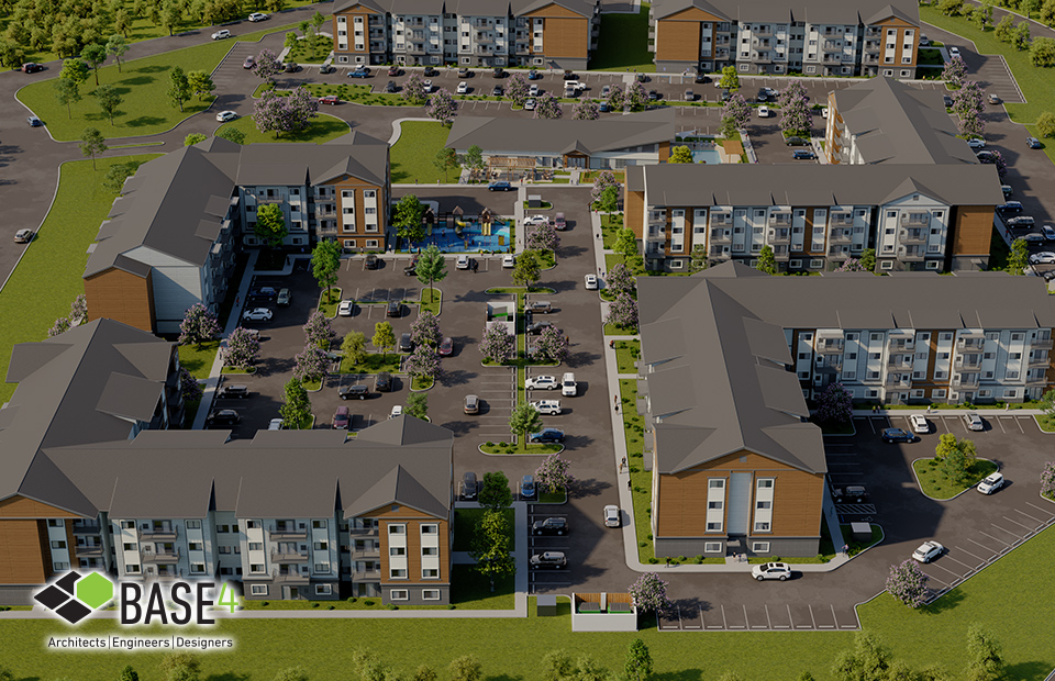 Aerial view of a modern residential complex by BASE4, illustrating the efficient layout and design of multifamily housing developments
