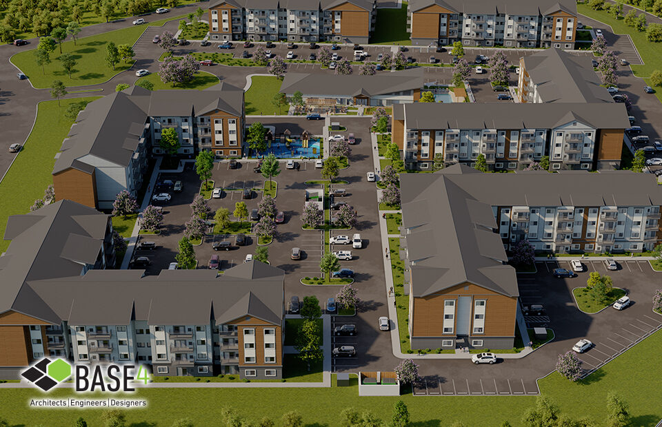 Aerial view of a modern residential complex by BASE4, illustrating the efficient layout and design of multifamily housing developments