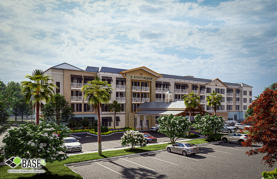 Daylight view of HYATT PLACE – NEW SMYRNA BEACH, FL showcasing modern architectural design by BASE4 Architects Engineers Designers.