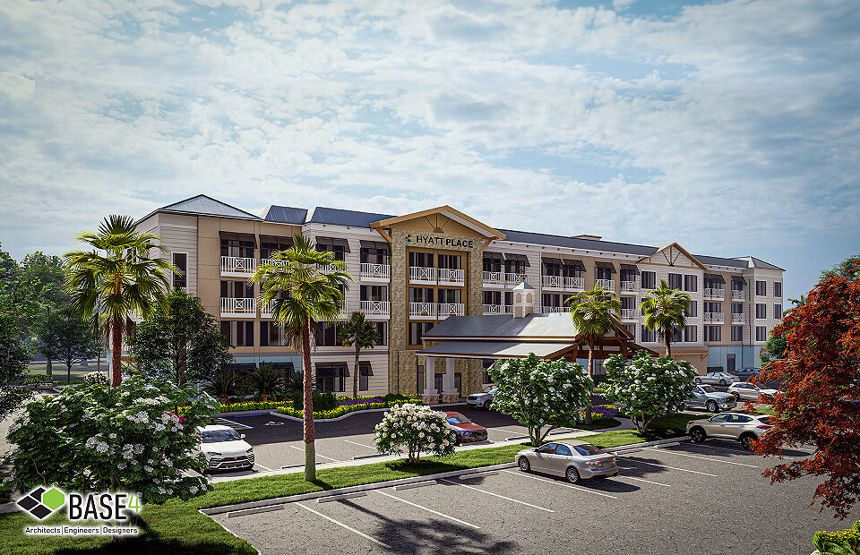 Daylight view of HYATT PLACE – NEW SMYRNA BEACH, FL showcasing modern architectural design by BASE4 Architects Engineers Designers.