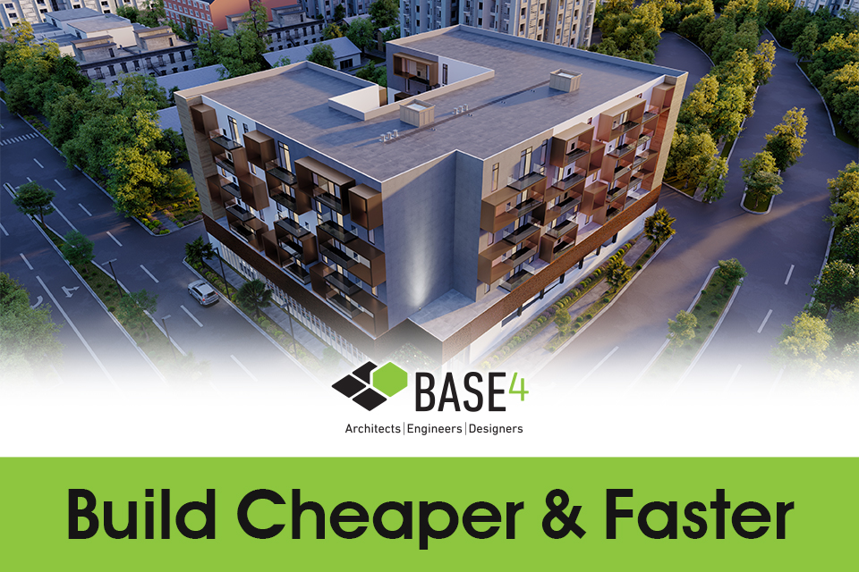Aerial view of a modern BASE4-designed residential building, emphasizing cost-efficiency and speed in construction