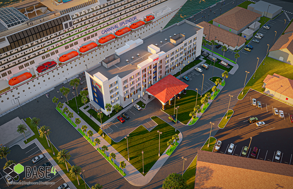 Twilight view of HAMPTON BY HILTON – ST. THOMAS, VI, showcasing modern architectural design by BASE4 Architects Engineers Designers.