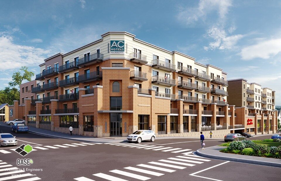 DUAL AC HOTELS & HAMPTON BY HILTON hotel showcasing modern design, parking, highlighting the hotel's appealing architecture.