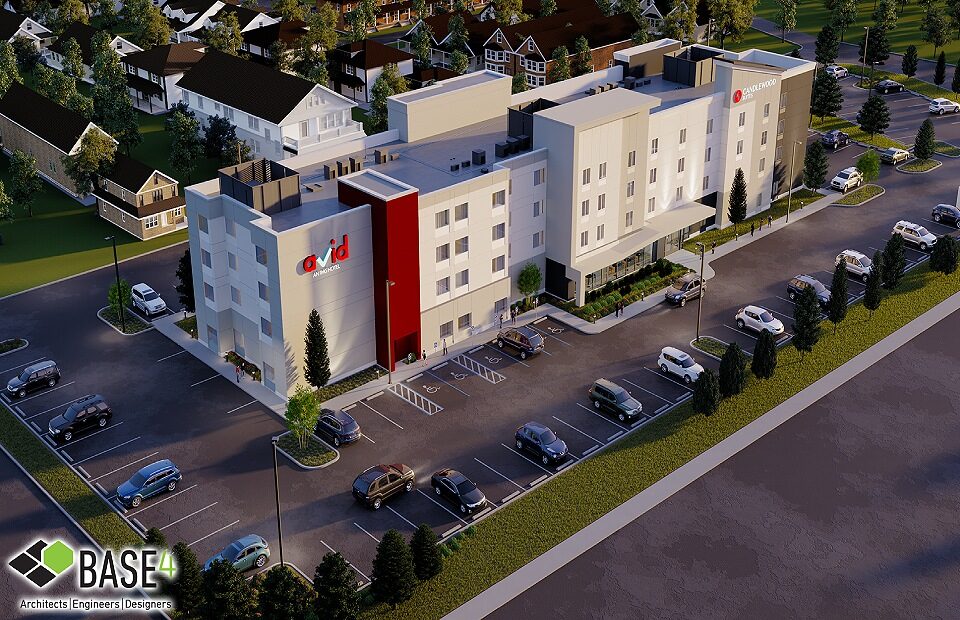 DUAL AVID & CANDLEWOOD SUITES hotel showcasing modern design, parking, highlighting the hotel's appealing architecture.