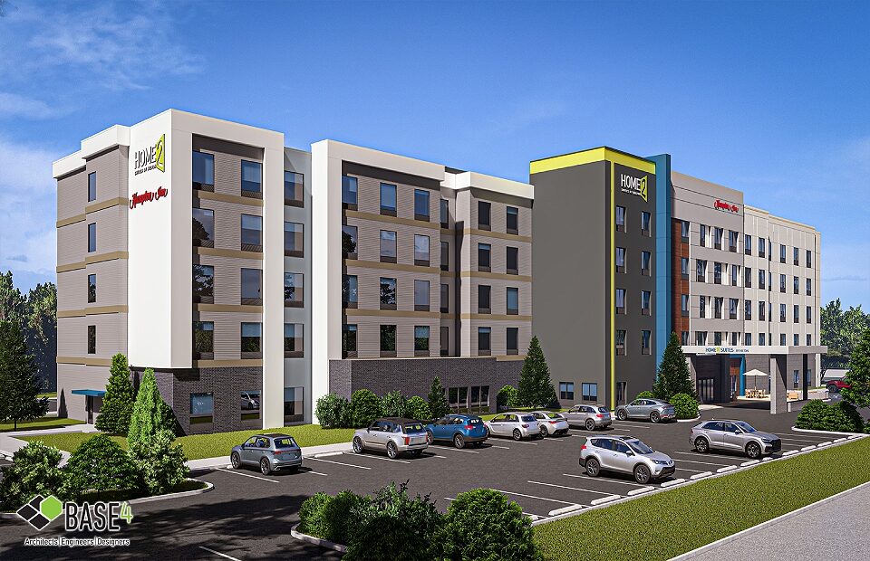 DUAL HAMPTON BY HILTON & HOME2 SUITES hotel showcasing modern design, parking, highlighting the hotel's appealing architecture.