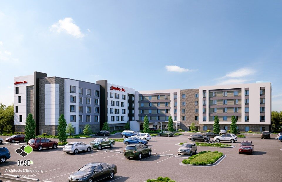 DUAL HOME2 SUITES & HAMPTON BY HILTON hotel showcasing modern design, parking, highlighting the hotel's appealing architecture.