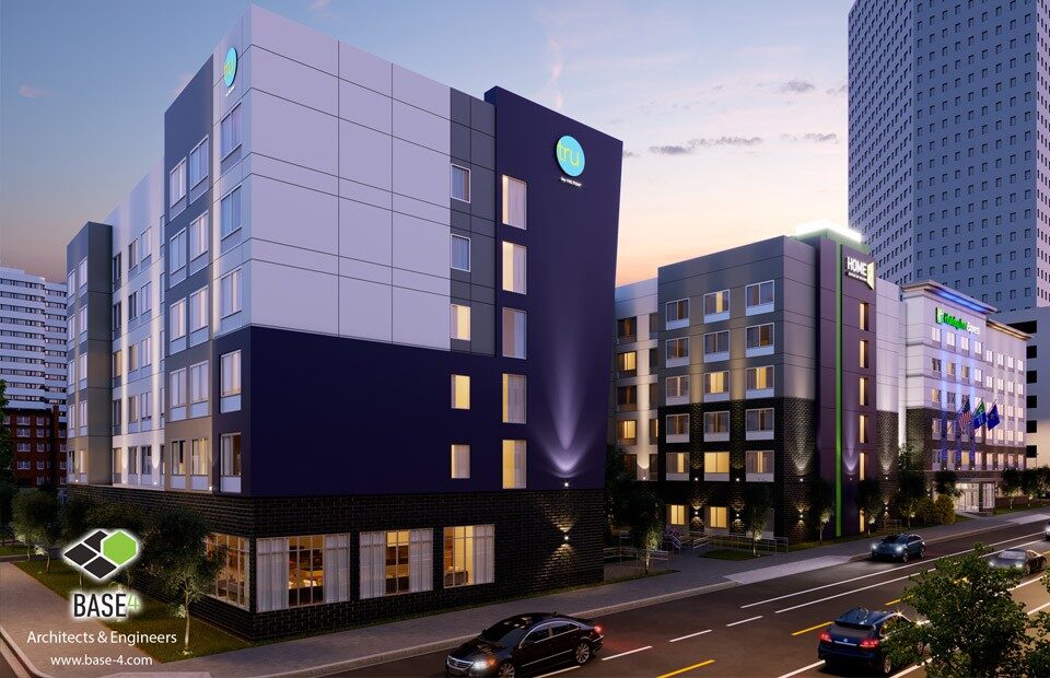 DUAL HOME2 SUITES & TRU BY HILTON hotel showcasing modern design, parking, highlighting the hotel's appealing architecture.