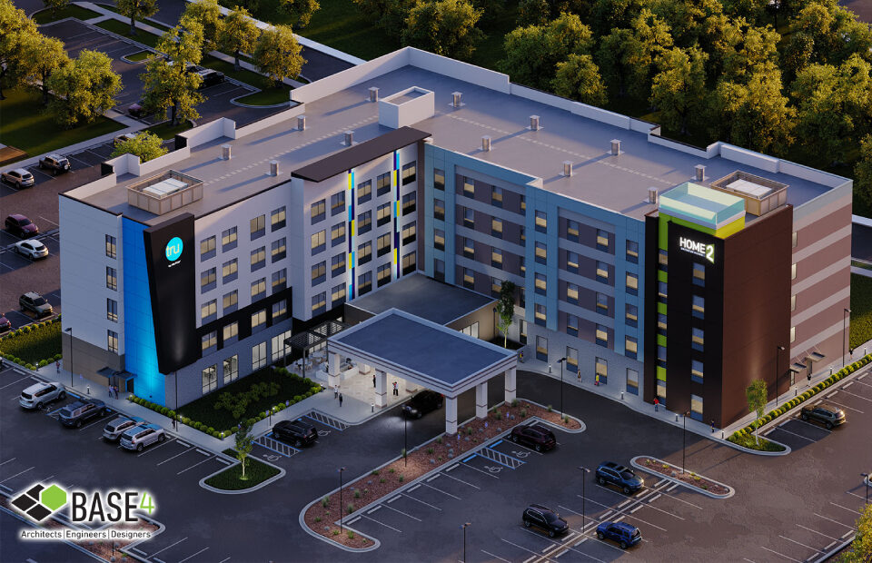 DUAL HOME2 SUITES & TRU BY HILTON hotel showcasing modern design, parking, highlighting the hotel's appealing architecture.