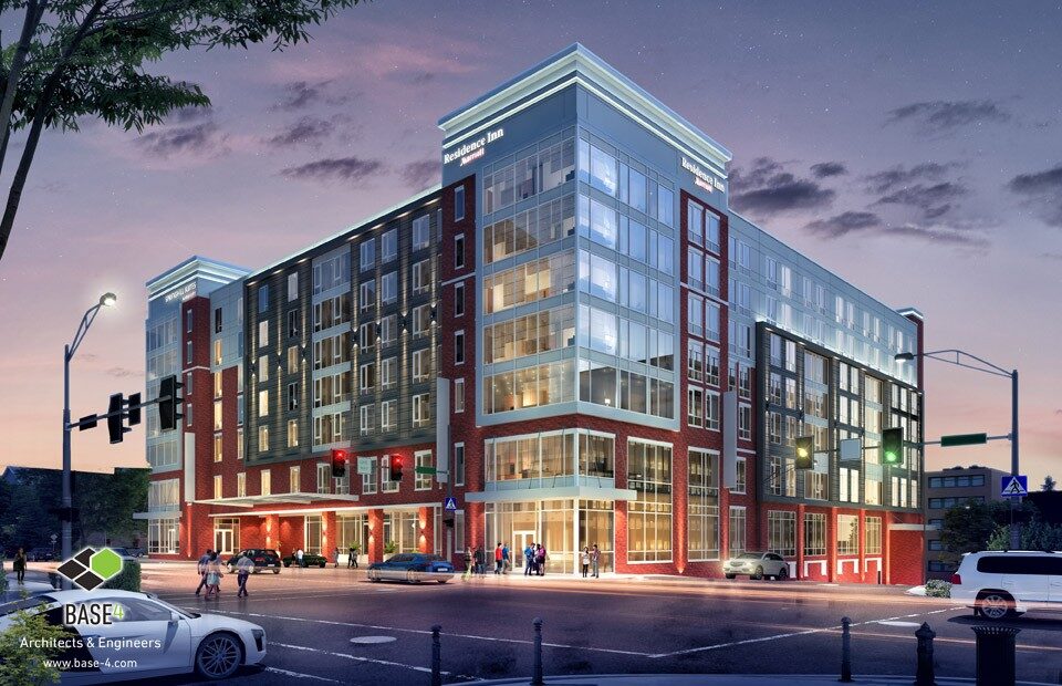 DUAL RESIDENCE INN & SPRINGHILL SUITES hotel showcasing modern design, parking, highlighting the hotel's appealing architecture.