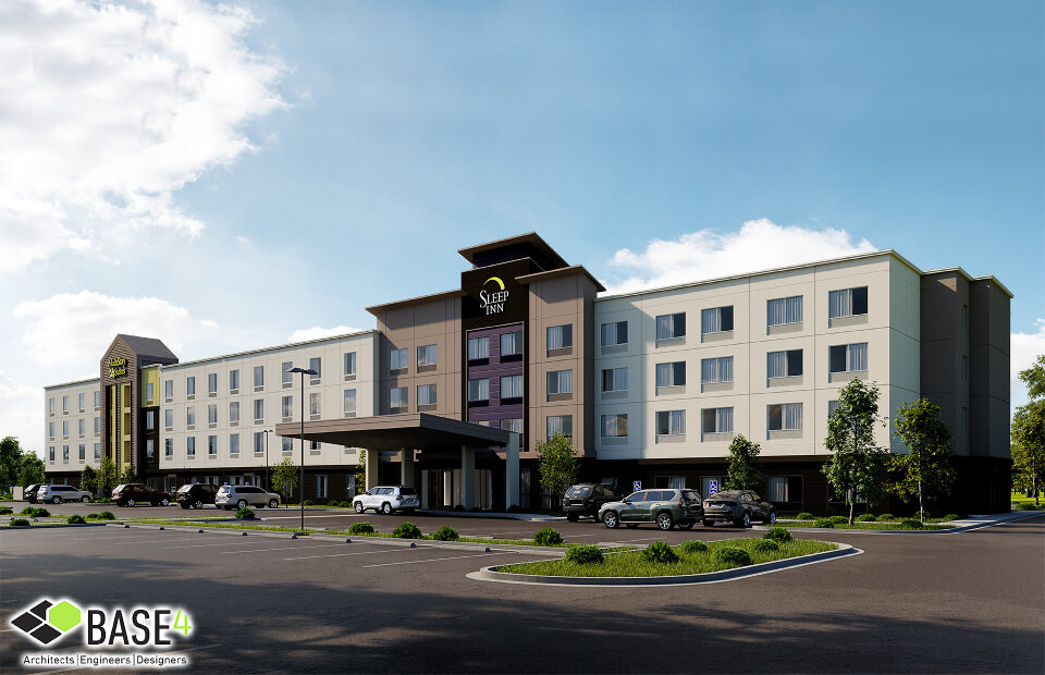 DUAL SLEEP INN & MAINSTAY SUITES hotel showcasing modern design, parking, highlighting the hotel's appealing architecture.