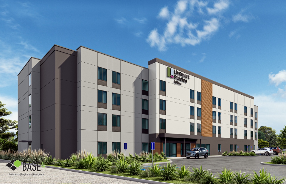 Architectural rendering of LivSmart Studios by Hilton, featuring a modern facade with distinctive wood paneling accents, designed by BASE4 to offer stylish and efficient extended-stay accommodations.