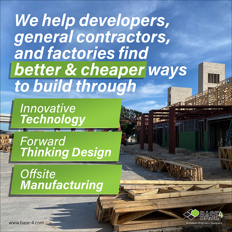 We help developers, general contractors, and factories find better and cheaper ways to build, highlighted by a construction site showcasing innovative technology and forward-thinking design.