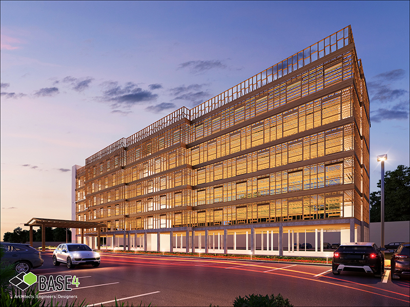 Illustration of a 5-story hotel built with Type III wood construction and podium design.