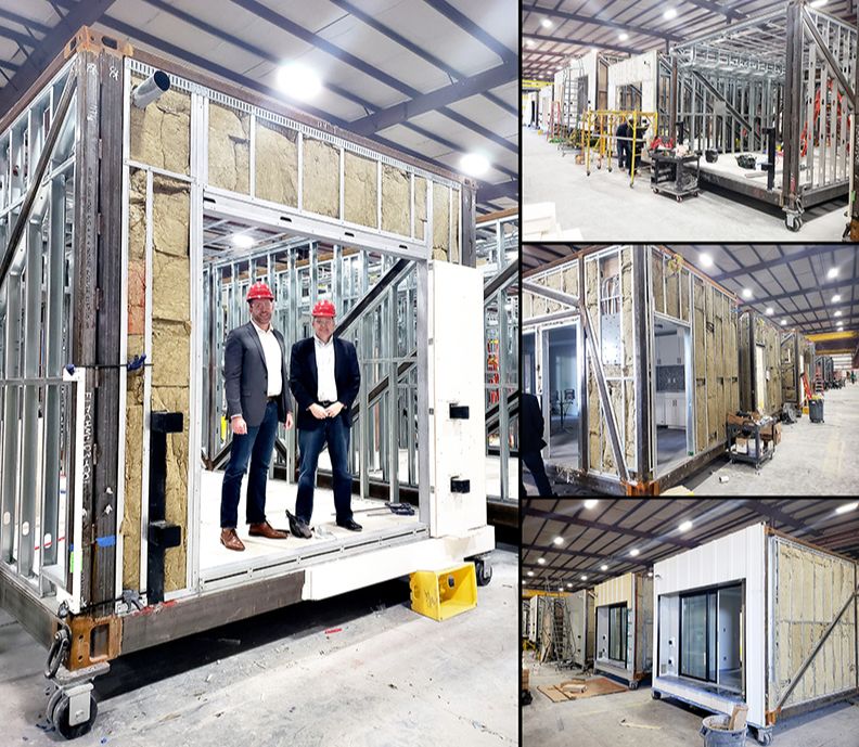 Interior views of modular unit manufacturing process, showing stages of construction and finishing.