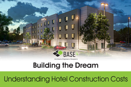 Exterior view of a modern multi-story hotel designed by BASE4 architects and engineers.