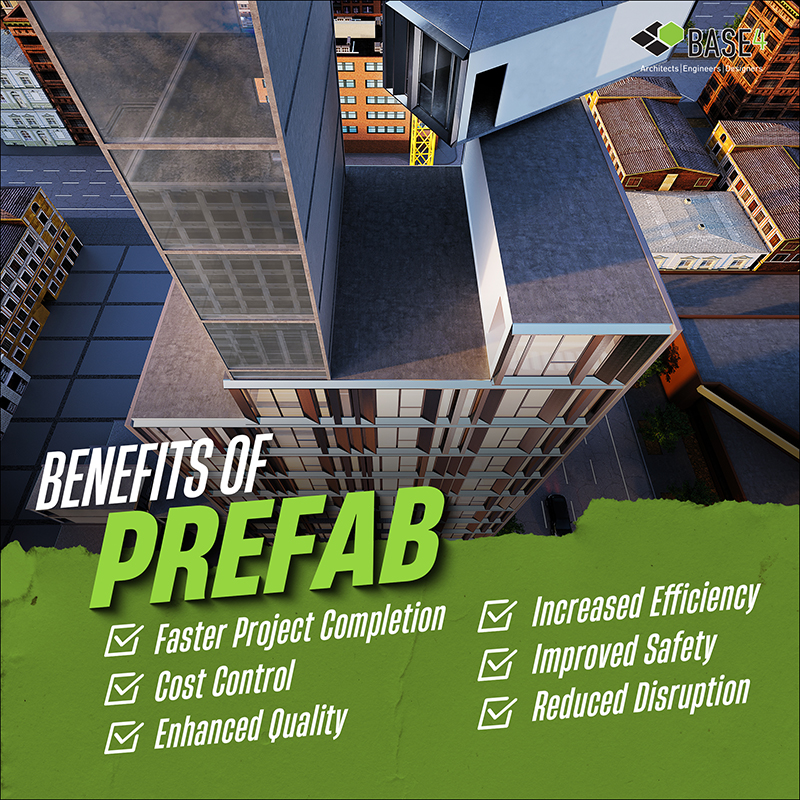 Benefits of prefab construction: faster completion, cost control, enhanced quality, increased efficiency, improved safety, reduced disruption.