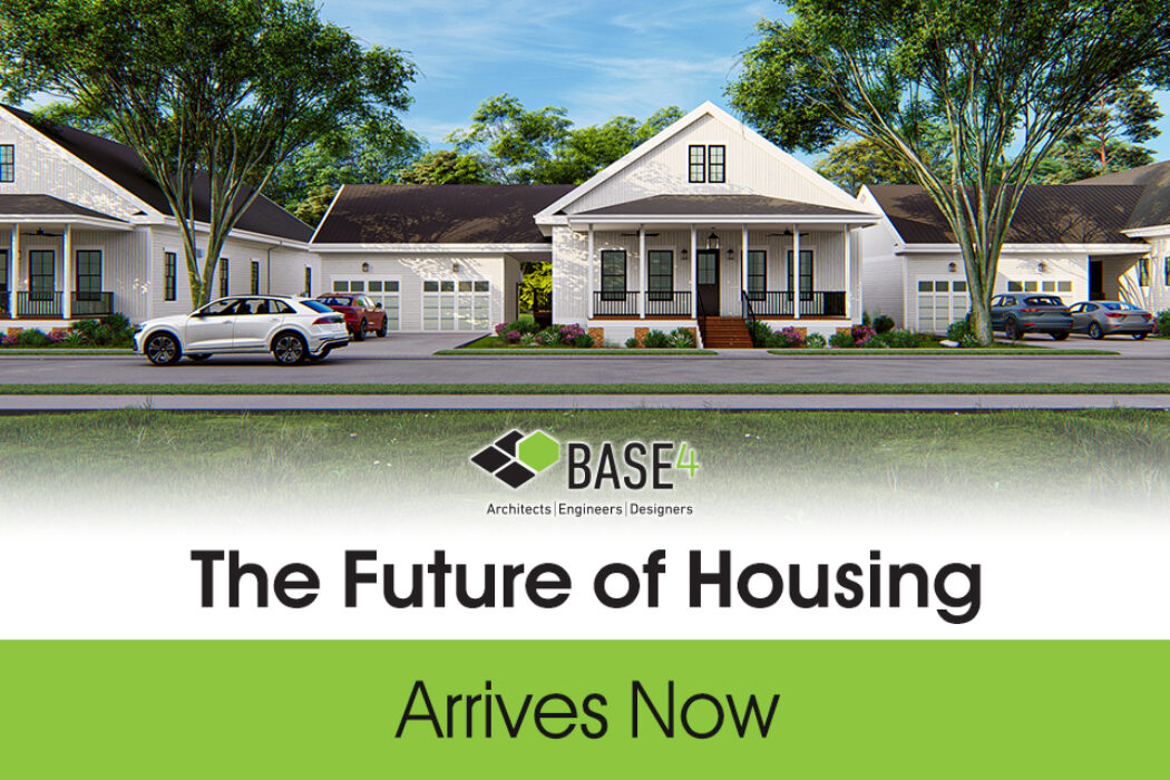 Rendered view of a BASE4 factory-built housing community with multiple homes.