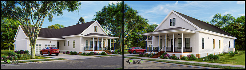 Two different angle views of BASE4's scalable factory-built home designs.