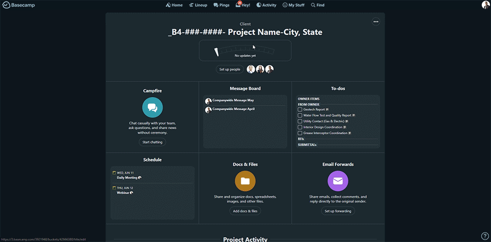 basecamp dashboard in use.