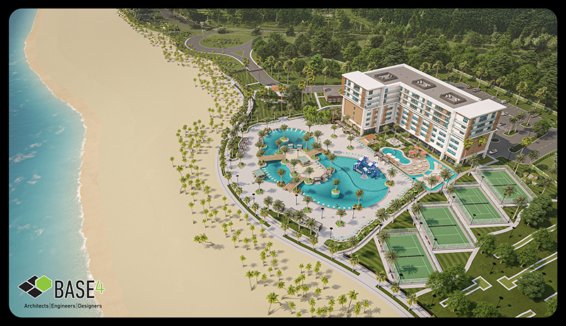 Caribbean beachfront hotel concept.