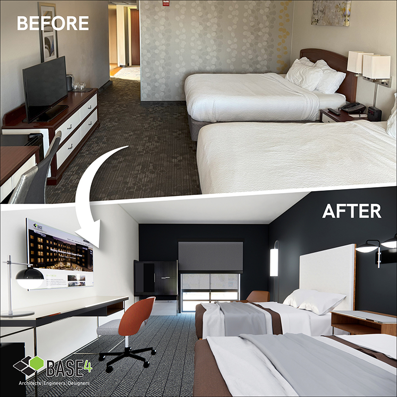 Modernized guestroom featuring updated bed, flooring, and lighting.