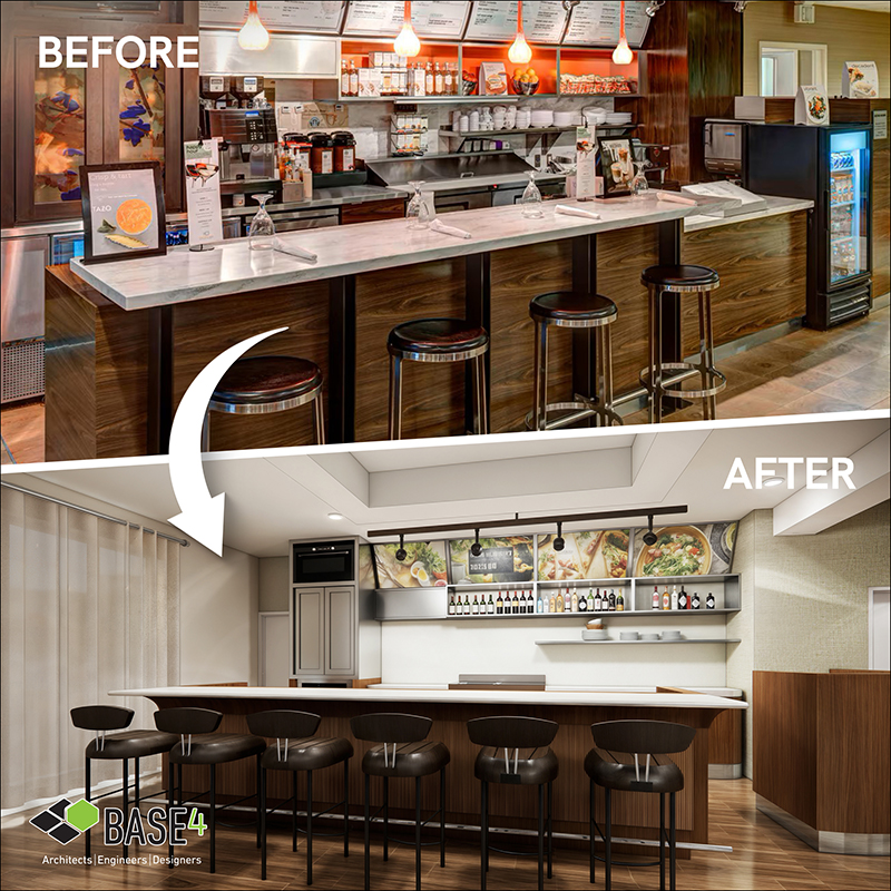 Before and after transformation of a hotel breakfast area with updated cabinetry and seating.