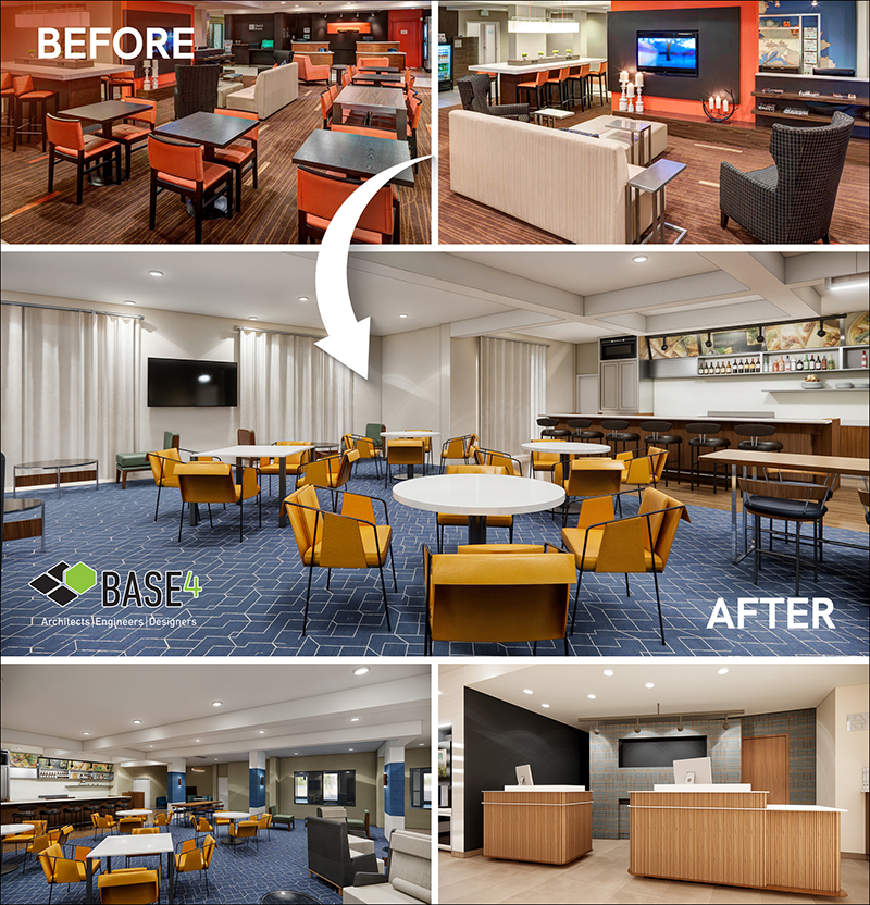 Renovated hotel lobby with updated finishes and modern furniture.