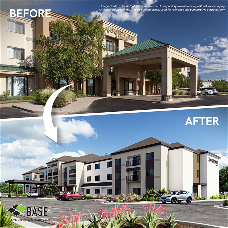 Before and after image showing exterior renovation of a hotel during a PIP upgrade.