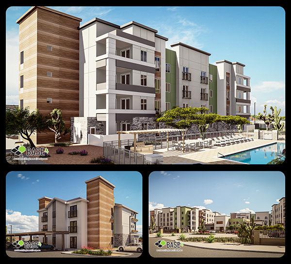 BASE4 multifamily design concepts – garden apartments, townhomes, and urban-style housing