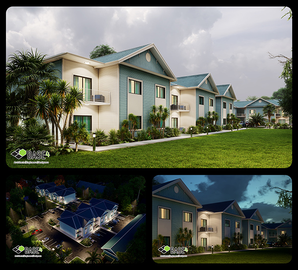 Modern multifamily housing render – BASE4 factory-ready design, day and night views
