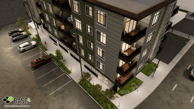 BASE4 multifamily apartment rendering showing modern modular design