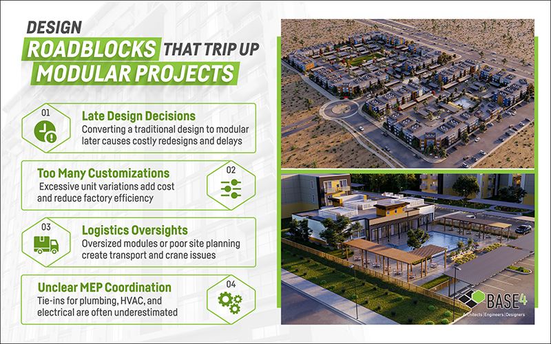 Design roadblocks that trip up modular projects infographic
