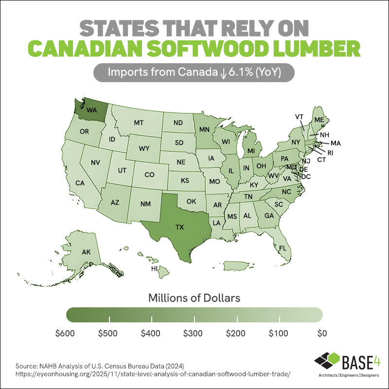 U.S. states relying on Canadian softwood lumber imports