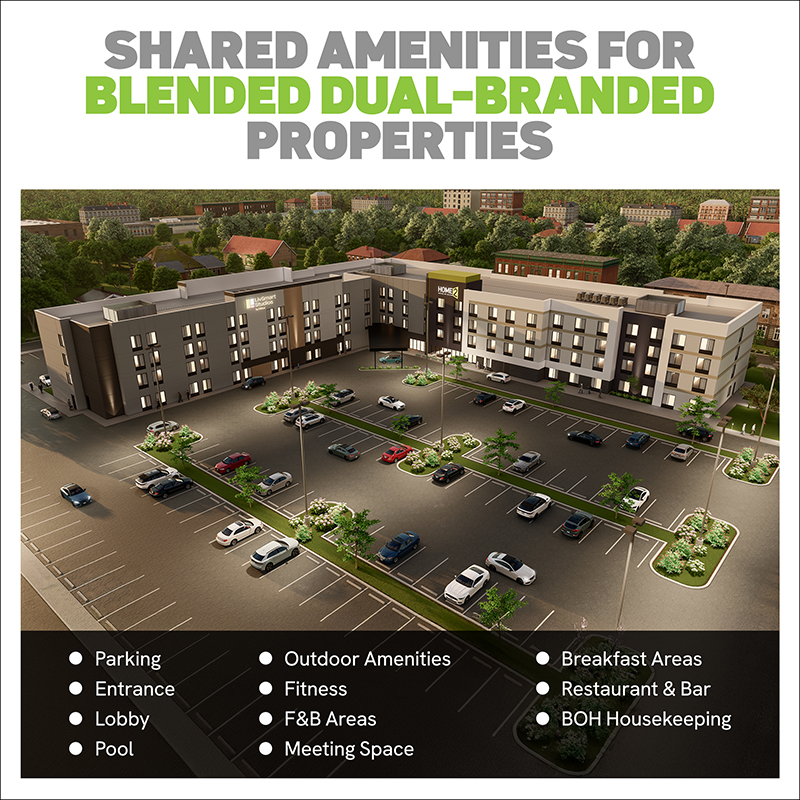 Site plan showing shared amenities and parking layout for a blended dual-branded hotel property.