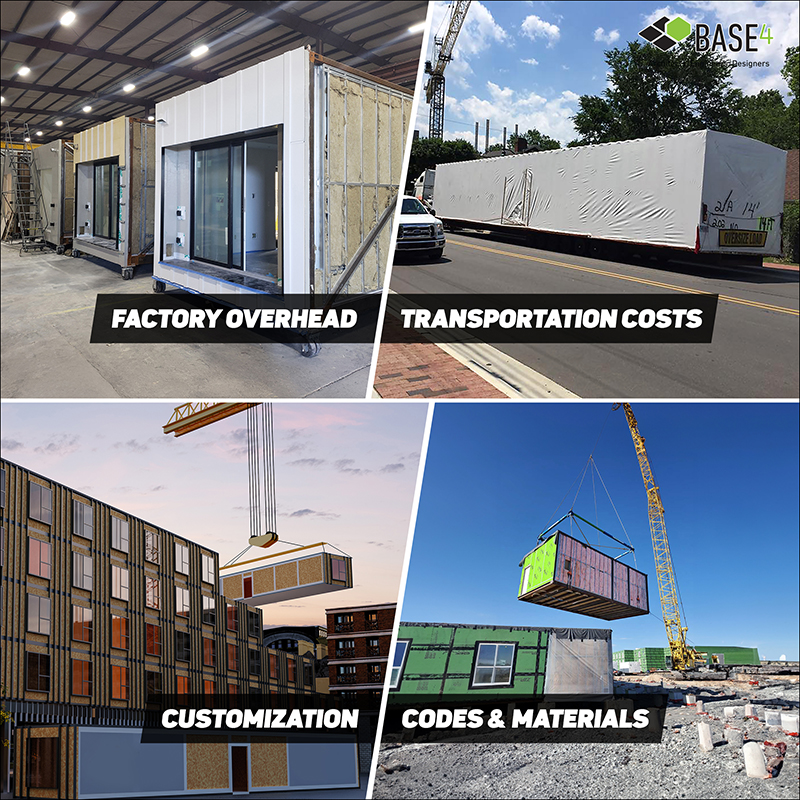 Key cost factors in modular construction including factory overhead, transportation, customization, and codes.
