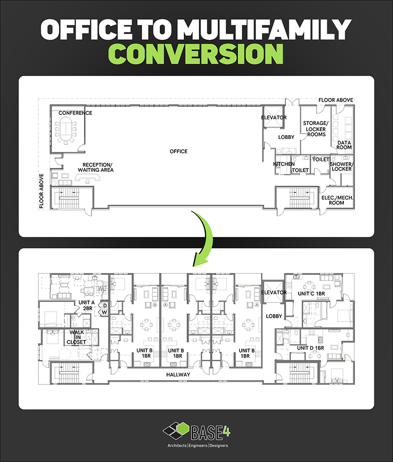 Office floor plan transformed into multifamily apartment layout
