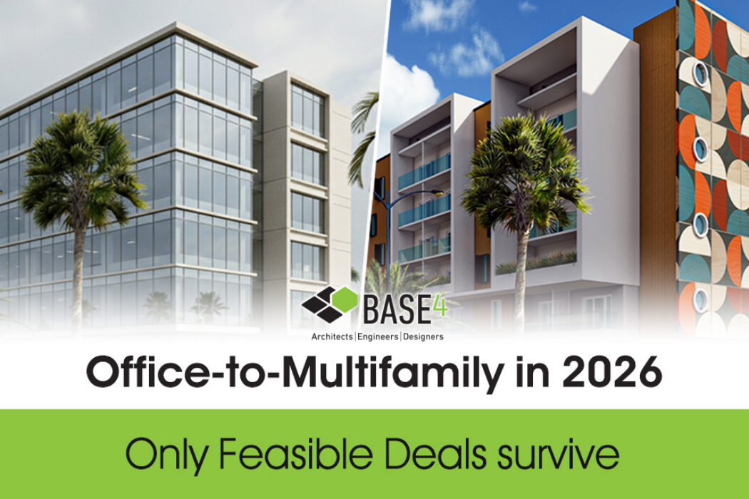 Modern office buildings converted into multifamily housing in an urban setting