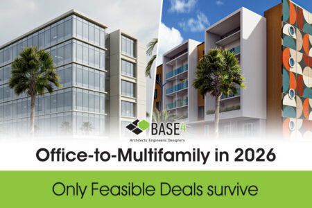 Modern office buildings converted into multifamily housing in an urban setting