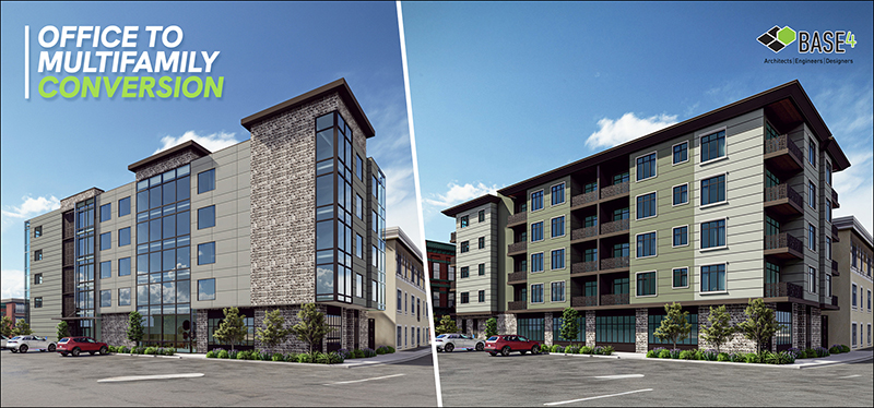 Modern office buildings converted into multifamily housing in an urban setting