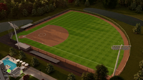 Baseball field within a sports complex surrounded by hospitality and mixed-use development