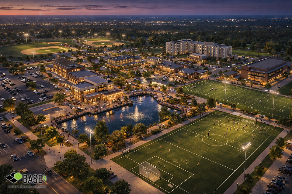 Baseball field within a sports complex surrounded by hospitality and mixed-use development