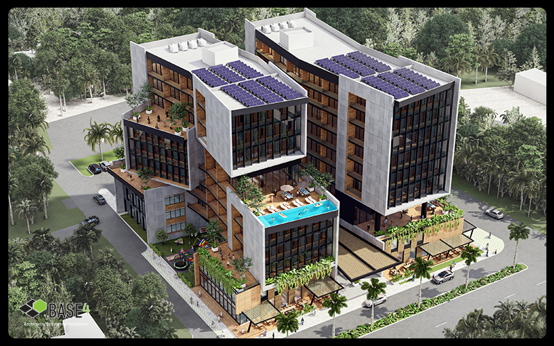 beachfront hotel development with pool deck and guest amenities