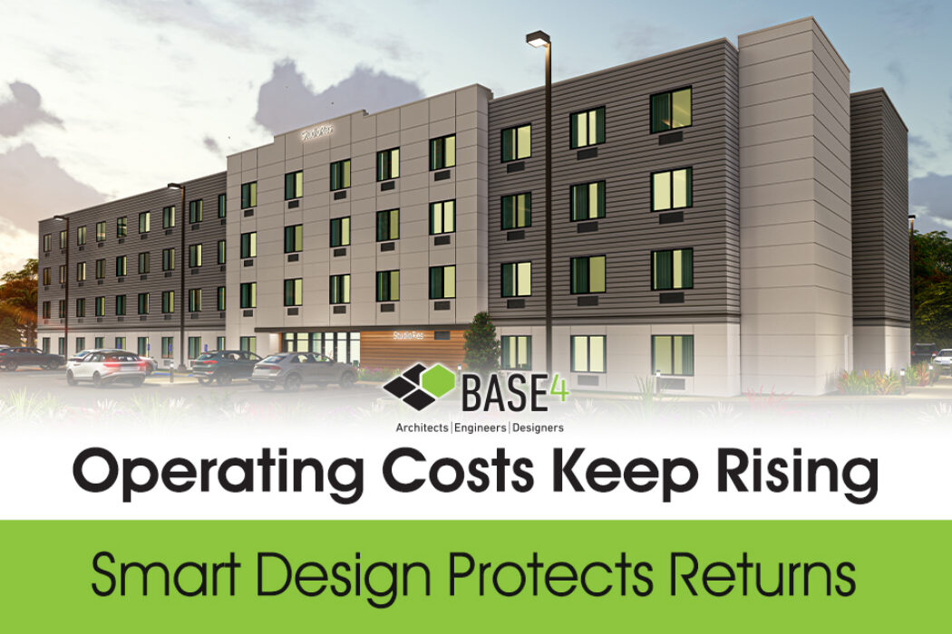 Modern hotel building exterior representing rising operating costs and efficient design strategies