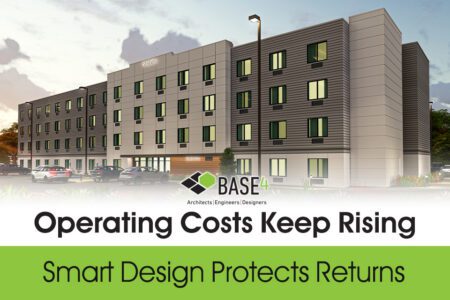 Modern hotel building exterior representing rising operating costs and efficient design strategies